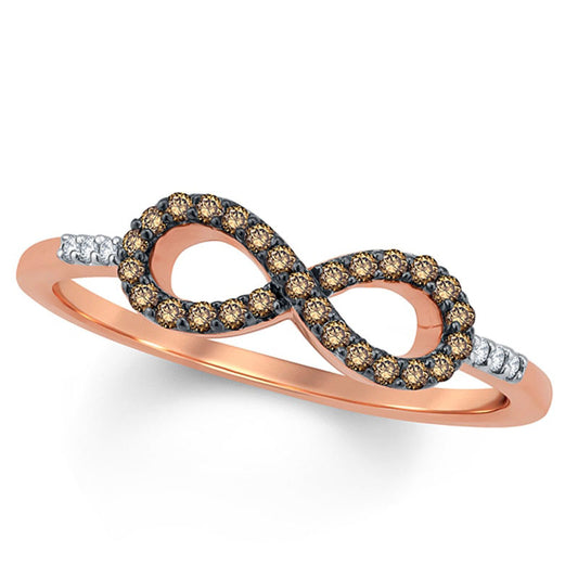 0.17 CT. T.W. Champagne and White Natural Diamond Sideways Infinity Ring in Solid 10K Rose Gold with Black Rhodium