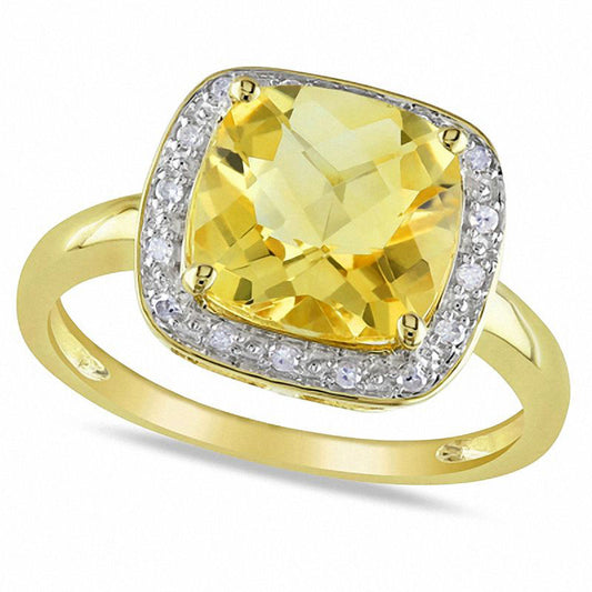 9.0mm Cushion-Cut Citrine and Natural Diamond Accent Frame Ring in Solid 10K Yellow Gold