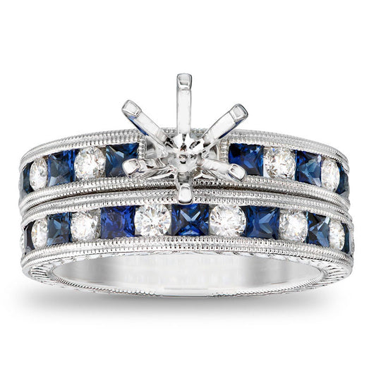 Princess-Cut Blue Sapphire and 0.50 CT. T.W. Natural Diamond Semi-Mount Bridal Engagement Ring Set in Solid 14K White Gold