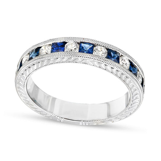 Princess-Cut Blue Sapphire and 0.25 CT. T.W. Natural Diamond Band in Solid 14K White Gold