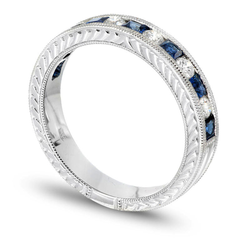 Princess-Cut Blue Sapphire and 0.25 CT. T.W. Natural Diamond Band in Solid 14K White Gold