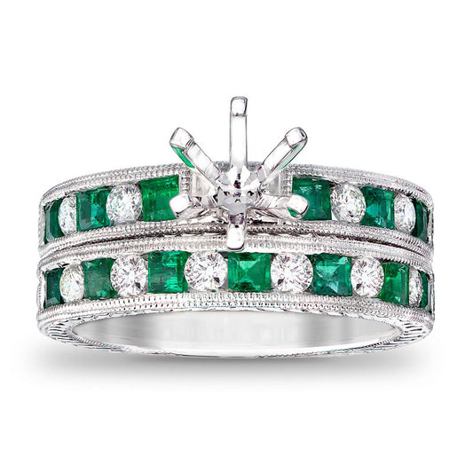 Princess-Cut Emerald and 0.50 CT. T.W. Natural Diamond Semi-Mount Bridal Engagement Ring Set in Solid 14K White Gold