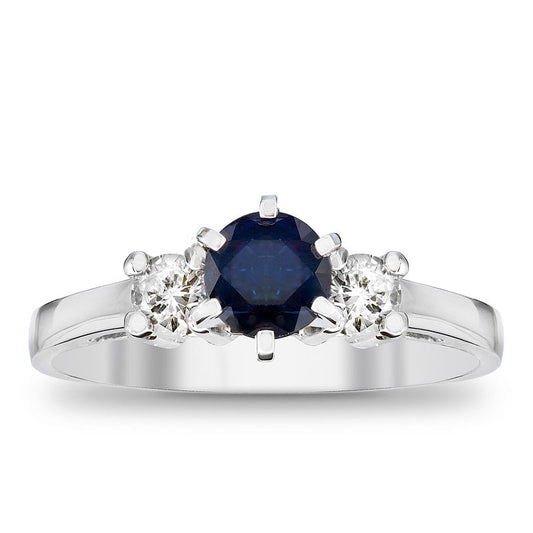 5.0mm Blue Sapphire and 0.20 CT. T.W. Natural Diamond Engagement Three Stone Ring in Solid 14K White Gold