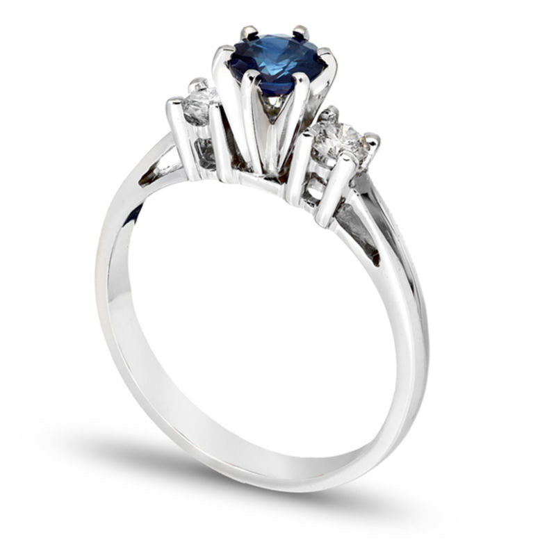 5.0mm Blue Sapphire and 0.20 CT. T.W. Natural Diamond Engagement Three Stone Ring in Solid 14K White Gold