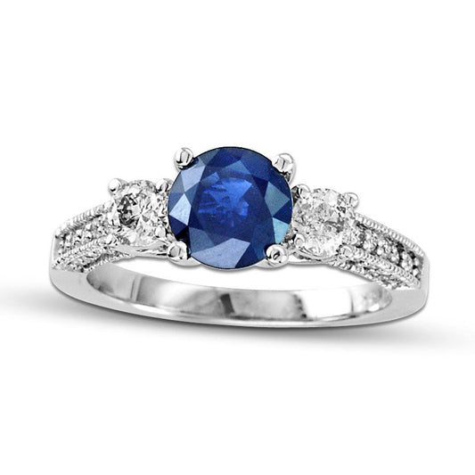 6.5mm Blue Sapphire and 0.50 CT. T.W. Natural Diamond Engagement Three Stone Ring in Solid 14K White Gold