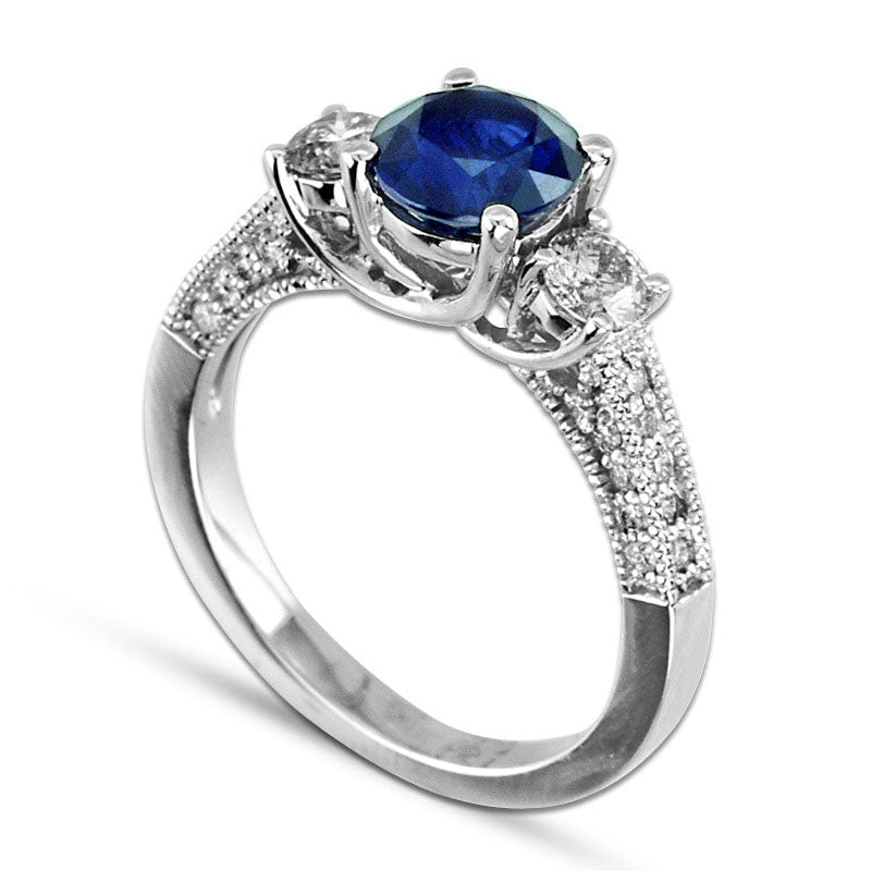 6.5mm Blue Sapphire and 0.50 CT. T.W. Natural Diamond Engagement Three Stone Ring in Solid 14K White Gold