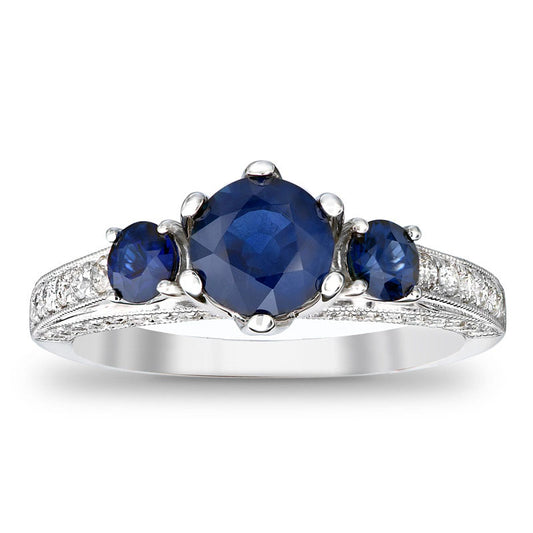 6.0mm Blue Sapphire and 0.38 CT. T.W. Natural Diamond Engagement Three Stone Ring in Solid 14K White Gold