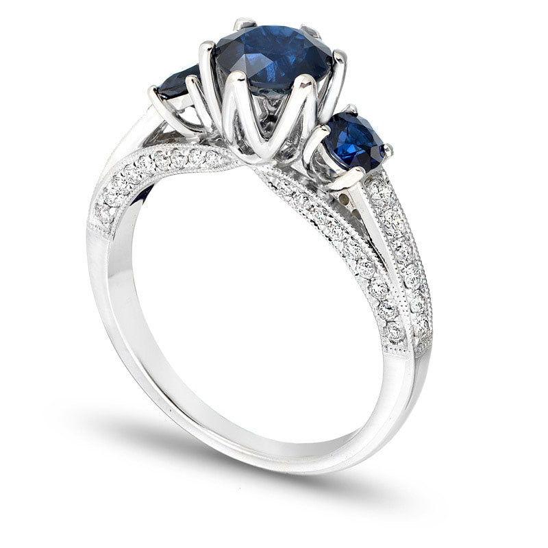 6.0mm Blue Sapphire and 0.38 CT. T.W. Natural Diamond Engagement Three Stone Ring in Solid 14K White Gold