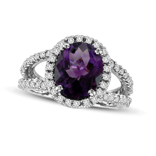 Oval Amethyst and 0.88 CT. T.W. Natural Diamond Ring in Solid 14K White Gold