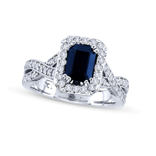 Your Stone Your Story ™ Emerald-Cut Blue Sapphire and 0.75 CT. T.W. Natural Diamond Frame Twist Ring in Solid 14K White Gold