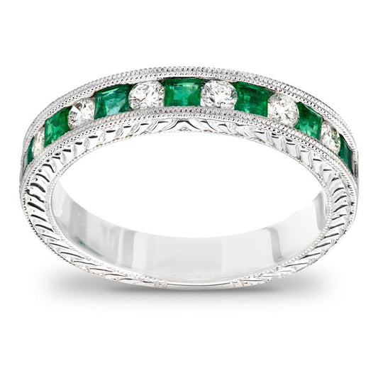 Princess-Cut Emerald and 0.25 CT. T.W. Natural Diamond Band in Solid 14K White Gold