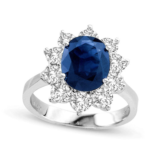 Oval Blue Sapphire and 1.5 CT. T.W. Natural Diamond Frame Engagement Ring in Solid 14K White Gold