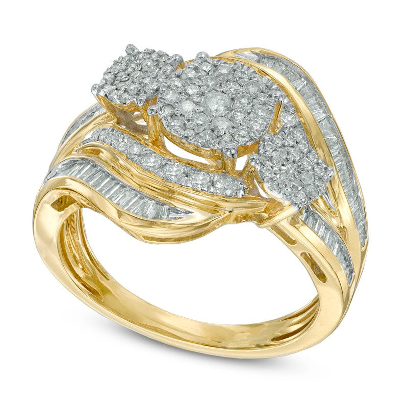 1.0 CT. T.W. Natural Diamond Three Stone Cluster Bypass Ring in Solid 10K Yellow Gold