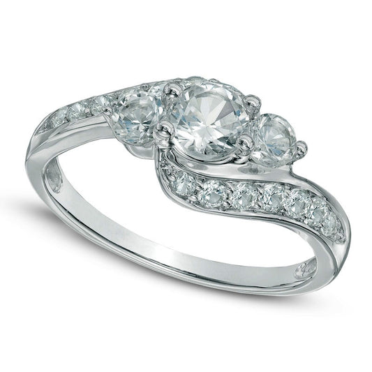 Lab-Created White Sapphire Three Stone Bypass Ring in Solid 10K White Gold