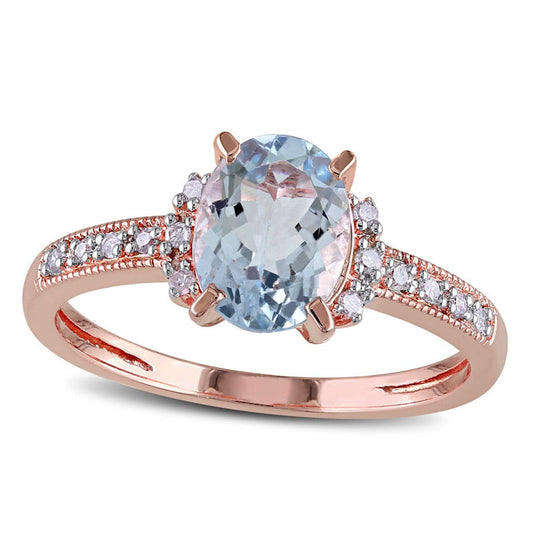 Oval Aquamarine and 0.07 CT. T.W. Natural Diamond Ring in Rose Rhodium Sterling Silver