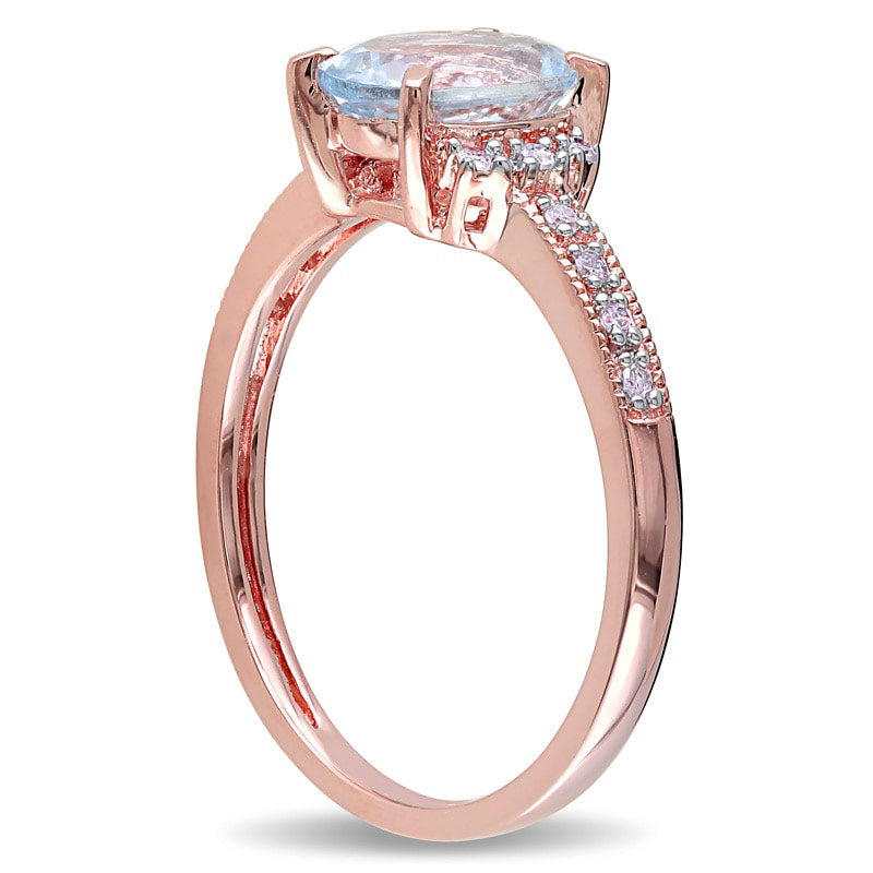 Oval Aquamarine and 0.07 CT. T.W. Natural Diamond Ring in Rose Rhodium Sterling Silver