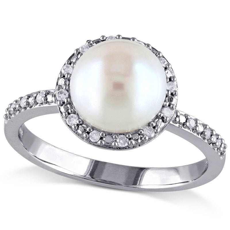 8.0 - 8.5mm Cultured Freshwater Pearl and 0.10 CT. T.W. Natural Diamond Frame Ring in Sterling Silver