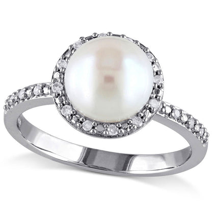 8.0 - 8.5mm Cultured Freshwater Pearl and 0.10 CT. T.W. Natural Diamond Frame Ring in Sterling Silver