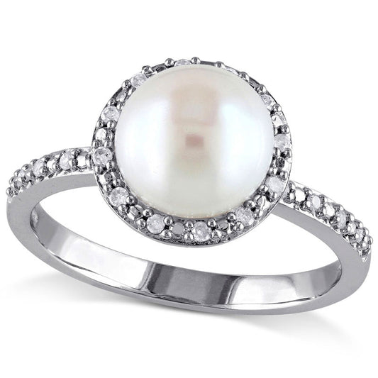 8.0 - 8.5mm Cultured Freshwater Pearl and 0.10 CT. T.W. Natural Diamond Frame Ring in Sterling Silver