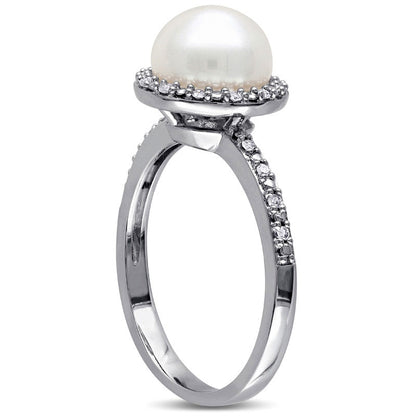 8.0 - 8.5mm Cultured Freshwater Pearl and 0.10 CT. T.W. Natural Diamond Frame Ring in Sterling Silver