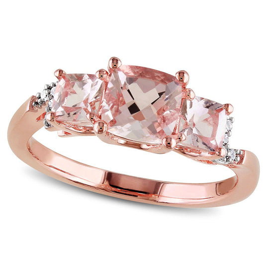 6.0mm Cushion-Cut Morganite and Natural Diamond Accent Three Stone Ring in Rose Rhodium Sterling Silver