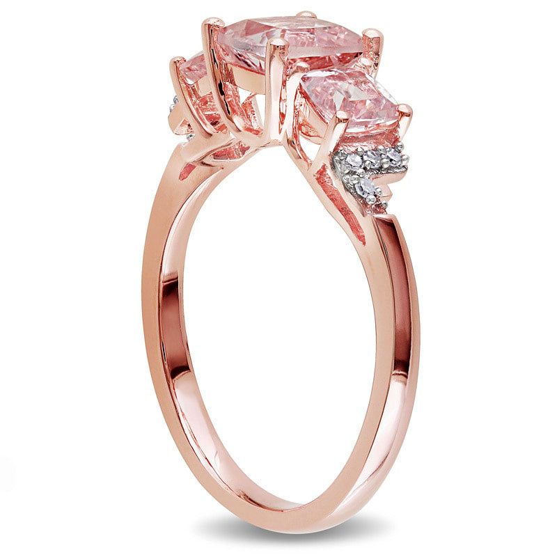 6.0mm Cushion-Cut Morganite and Natural Diamond Accent Three Stone Ring in Rose Rhodium Sterling Silver
