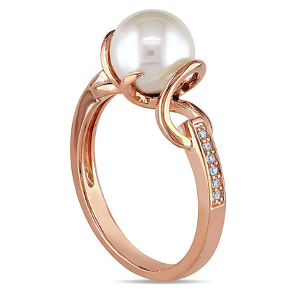 8.0 - 8.5mm Cultured Freshwater Pearl and 0.05 CT. T.W. Natural Diamond Ring in Rose Rhodium Sterling Silver