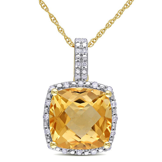 10.0mm Cushion-Cut Citrine and 0.1 CT. T.W. Natural Diamond Frame Pendant in 10K Yellow Gold - 17"