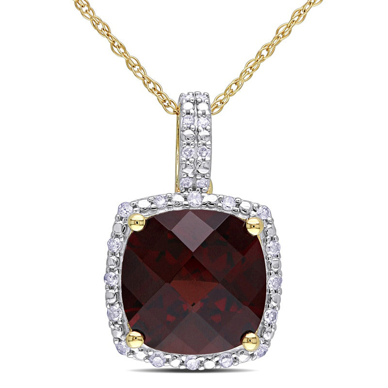 10.0mm Cushion-Cut Garnet and 0.1 CT. T.W. Natural Diamond Frame Pendant in 10K Yellow Gold - 17"