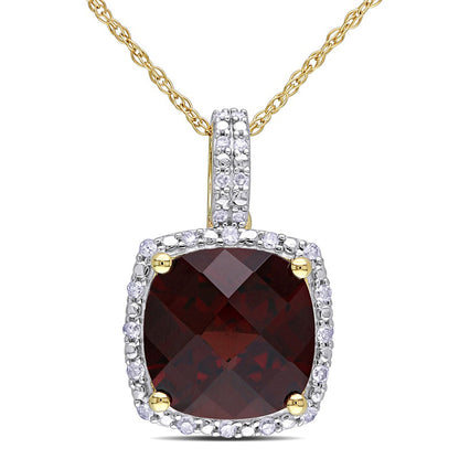 10.0mm Cushion-Cut Garnet and 0.1 CT. T.W. Natural Diamond Frame Pendant in 10K Yellow Gold - 17"