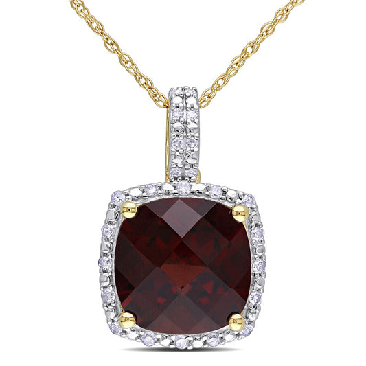 10.0mm Cushion-Cut Garnet and 0.1 CT. T.W. Natural Diamond Frame Pendant in 10K Yellow Gold - 17"
