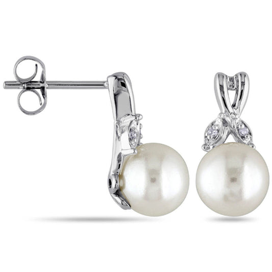 7.5 - 8.0mm Cultured Freshwater Pearl and Diamond Accent Drop Earrings in 10K White Gold