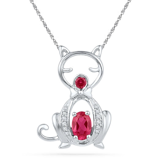 Oval Lab-Created Ruby and Diamond Accent Cat Pendant in Sterling Silver