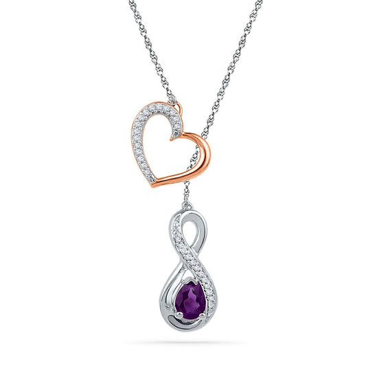 Pear-Shaped Amethyst and 0.1 CT. T.W. Natural Diamond Heart Infinity Lariat-Style Necklace in Sterling Silver and 10K Rose Gold