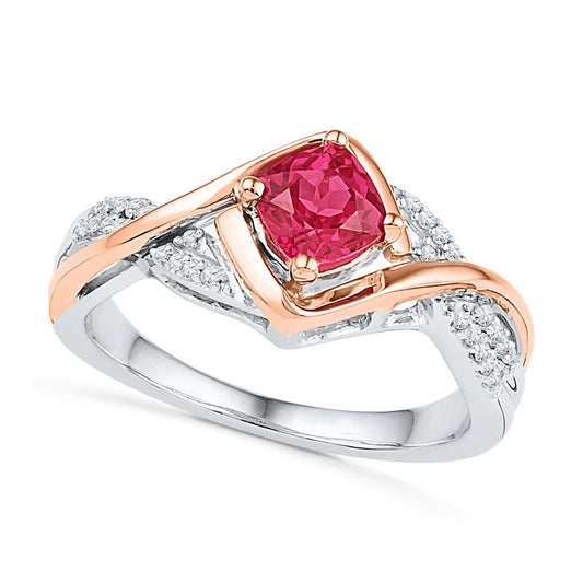 7.0mm Cushion-Cut Lab-Created Ruby and 0.07 CT. T.W. Diamond Ring in Sterling Silver and Solid 10K Rose Gold