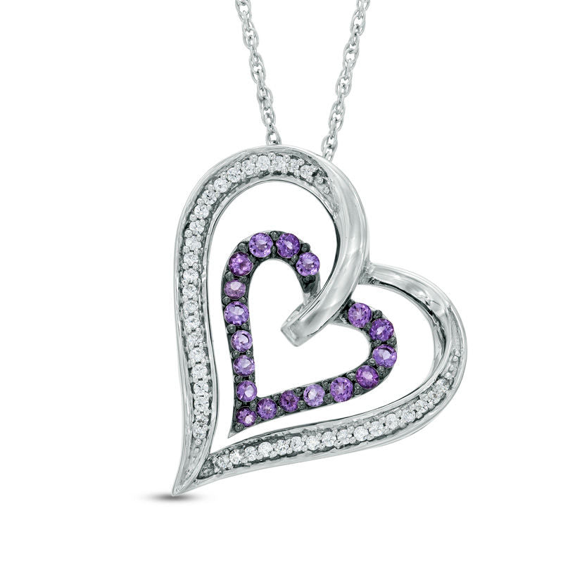Amethyst and 0.17 CT. T.W. Natural Diamond Double Heart Pendant in Sterling Silver