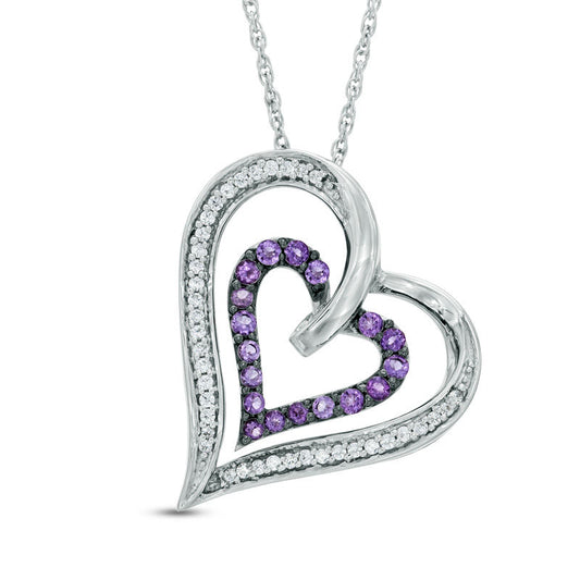 Amethyst and 0.17 CT. T.W. Natural Diamond Double Heart Pendant in Sterling Silver