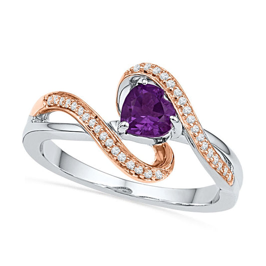 5.0mm Heart-Shaped Amethyst and 0.10 CT. T.W. Natural Diamond Ring in Sterling Silver and Solid 10K Rose Gold
