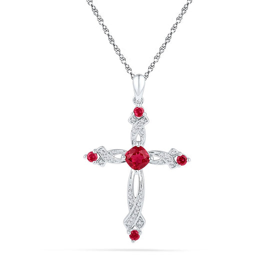 5.0mm Cushion-Cut Lab-Created Ruby and 0.1 CT. T.W. Diamond Cross Pendant in Sterling Silver