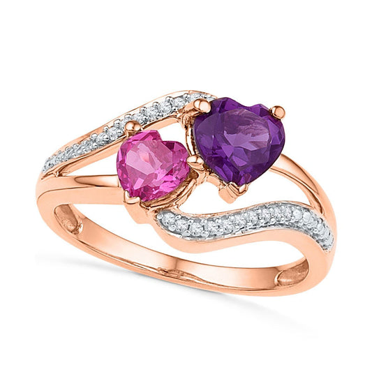 6.0mm Heart-Shaped Amethyst, Lab-Created Pink Sapphire and Diamond Accent Ring in Solid 10K Rose Gold