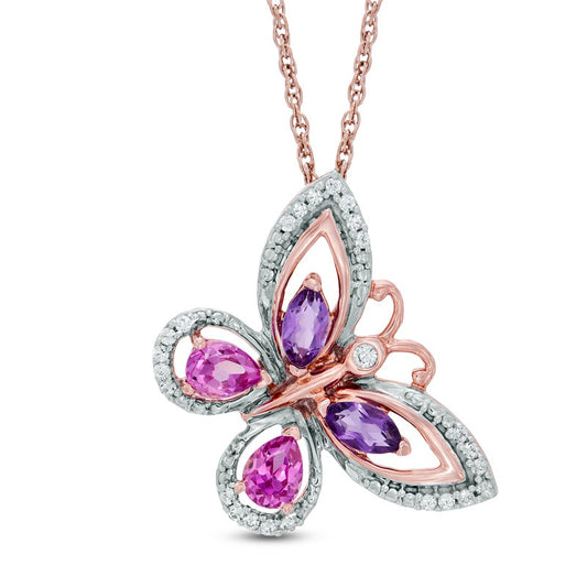 Pear-Shaped Lab-Created Pink Sapphire, Amethyst and 0.1 CT. T.W. Diamond Butterfly Pendant in 10K Rose Gold