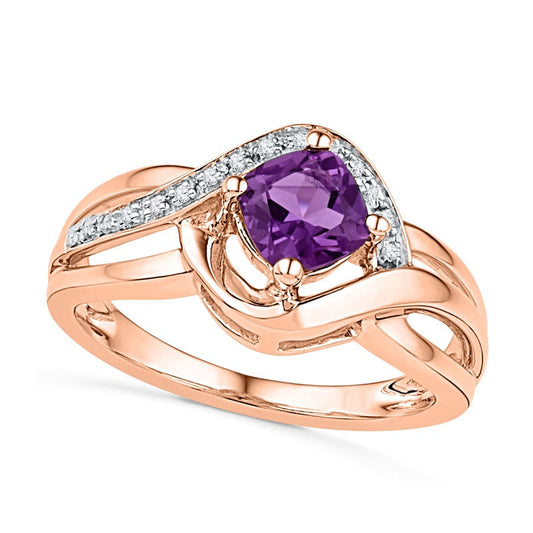5.0mm Cushion-Cut Amethyst and Natural Diamond Accent Ring in Solid 10K Rose Gold