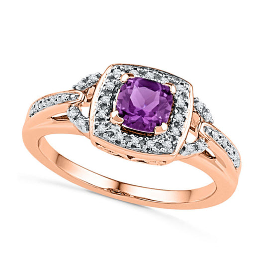 5.0mm Cushion-Cut Amethyst and 0.10 CT. T.W. Natural Diamond Frame Ring in Solid 10K Rose Gold