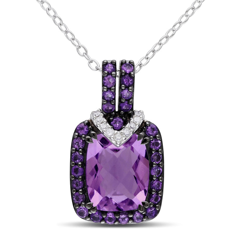 Cushion-Cut Amethyst and Natural Diamond Accent Pendant in Sterling Silver with Black Rhodium
