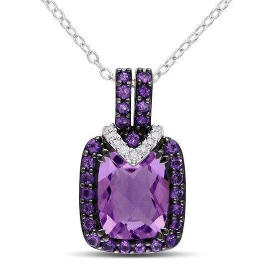 Cushion-Cut Amethyst and Natural Diamond Accent Pendant in Sterling Silver with Black Rhodium