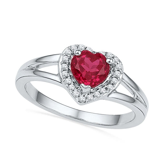 5.0mm Heart-Shaped Lab-Created Ruby and Diamond Accent Frame Midi Ring in Sterling Silver