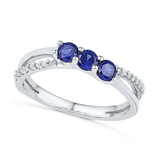Lab-Created Blue Sapphire and Diamond Accent Cross-Over Midi Ring in Sterling Silver