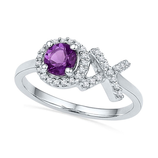 4.0mm Amethyst and Natural Diamond Accent "XO" Midi Ring in Sterling Silver