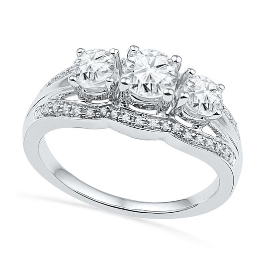 Lab-Created White Sapphire and Diamond Accent Frame Three Stone Engagement Ring in Sterling Silver