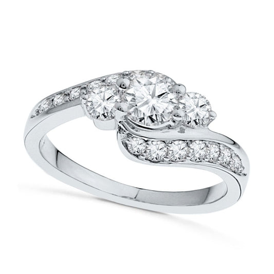 Lab-Created White Sapphire Three Stone Bypass Engagement Ring in Solid 10K White Gold